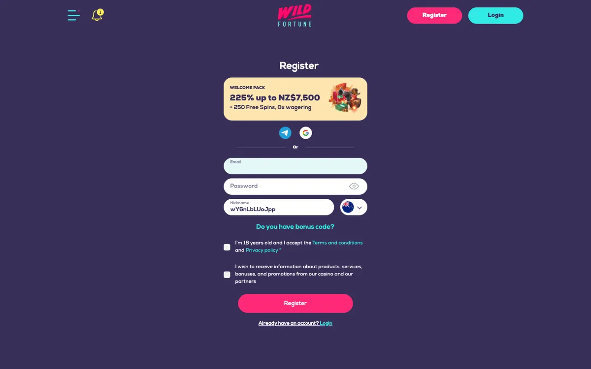 Wildfortune Casino — Sign-up, captured from New Zealand