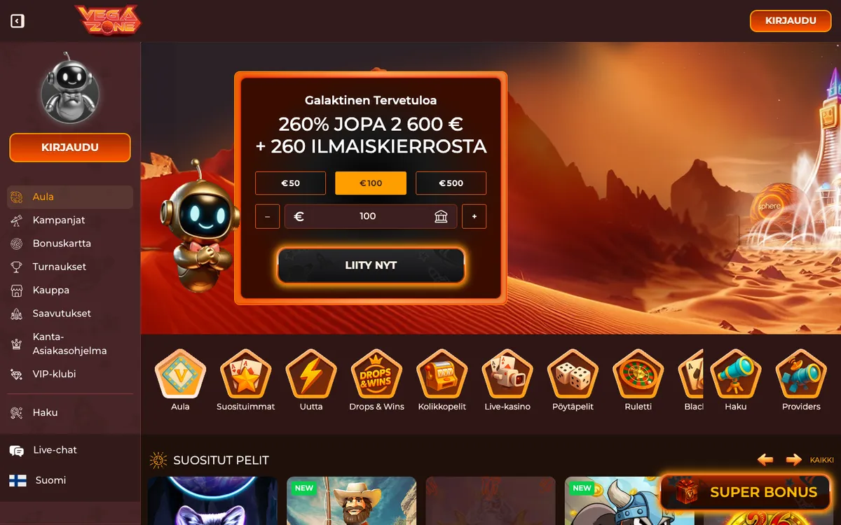 VegaZone Casino — Home page, captured from Finland