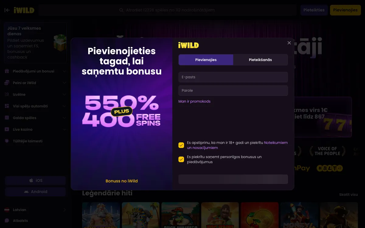 iWild Casino — Home page, captured from Latvia