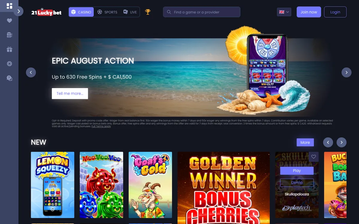 21LuckyBet Casino — Home page, captured from Canada