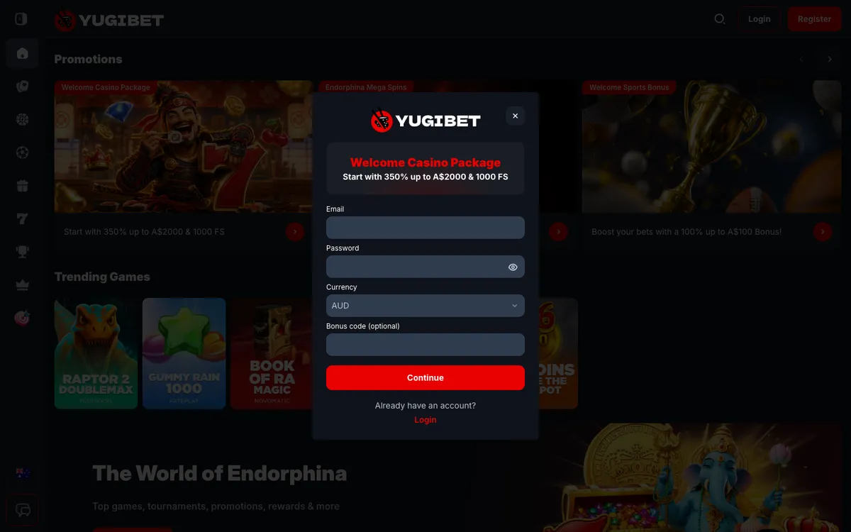 Yugibet Casino — «Регистрация», снято из страны Австралия