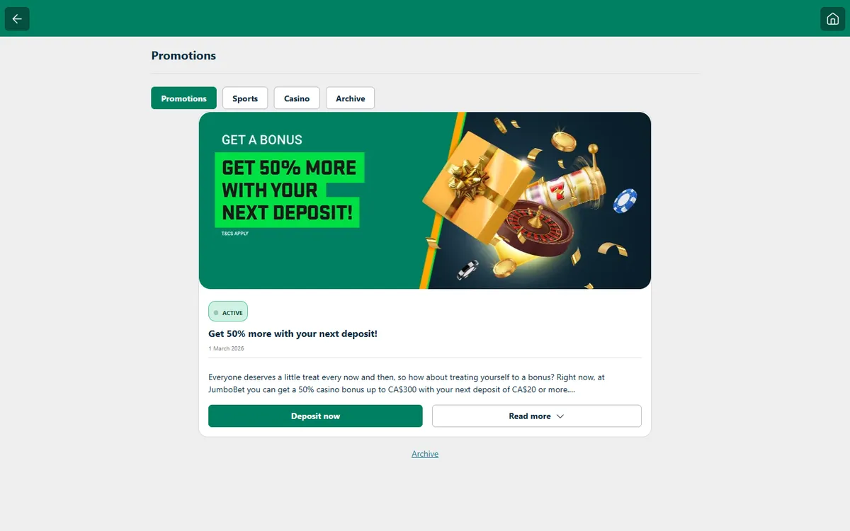 JumboBet Casino — Promotions, captured from Canada