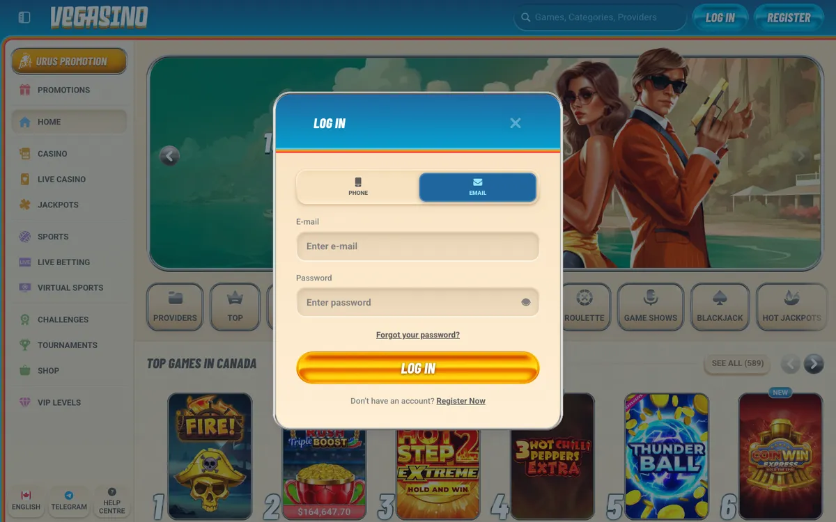 Vegasino Casino — Sign-up, captured from Canada