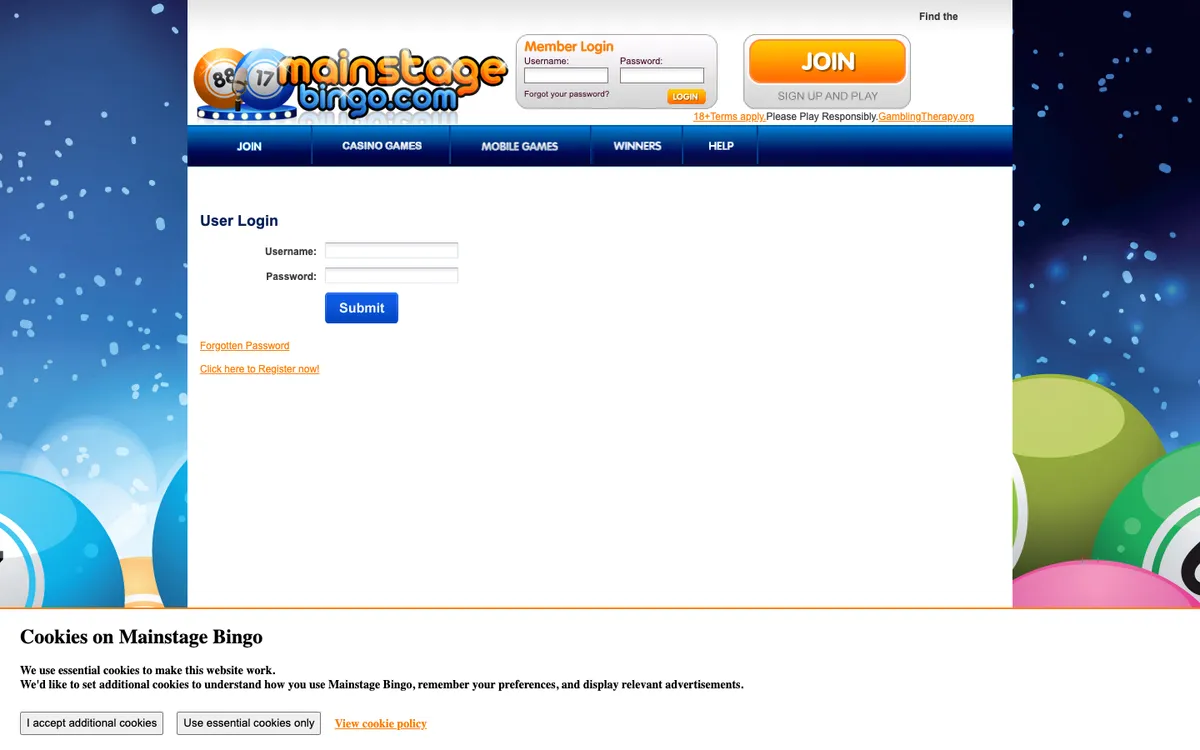Mainstage Bingo Casino — Sign-up, captured from New Zealand