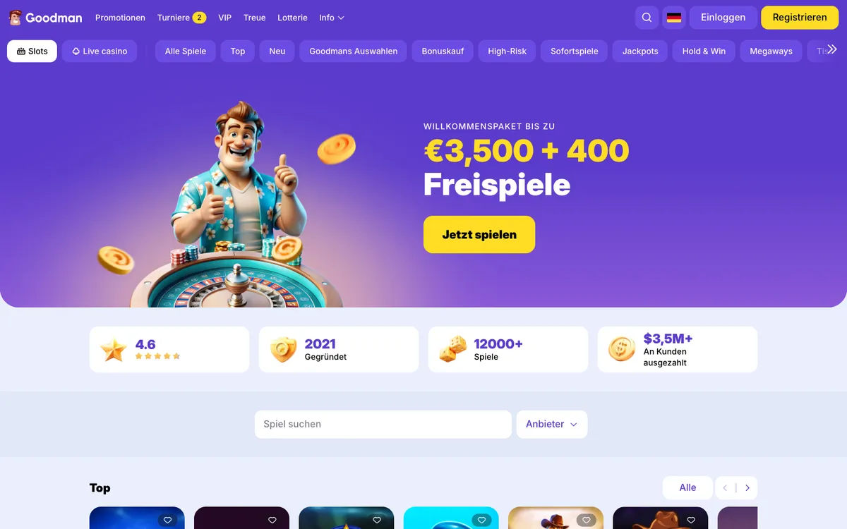 Goodman Casino — Home page, captured from Germany