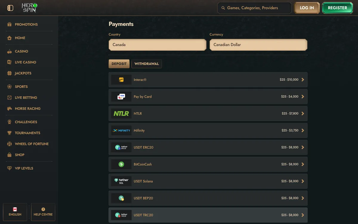 HeroSpin Casino — Payments, captured from Canada