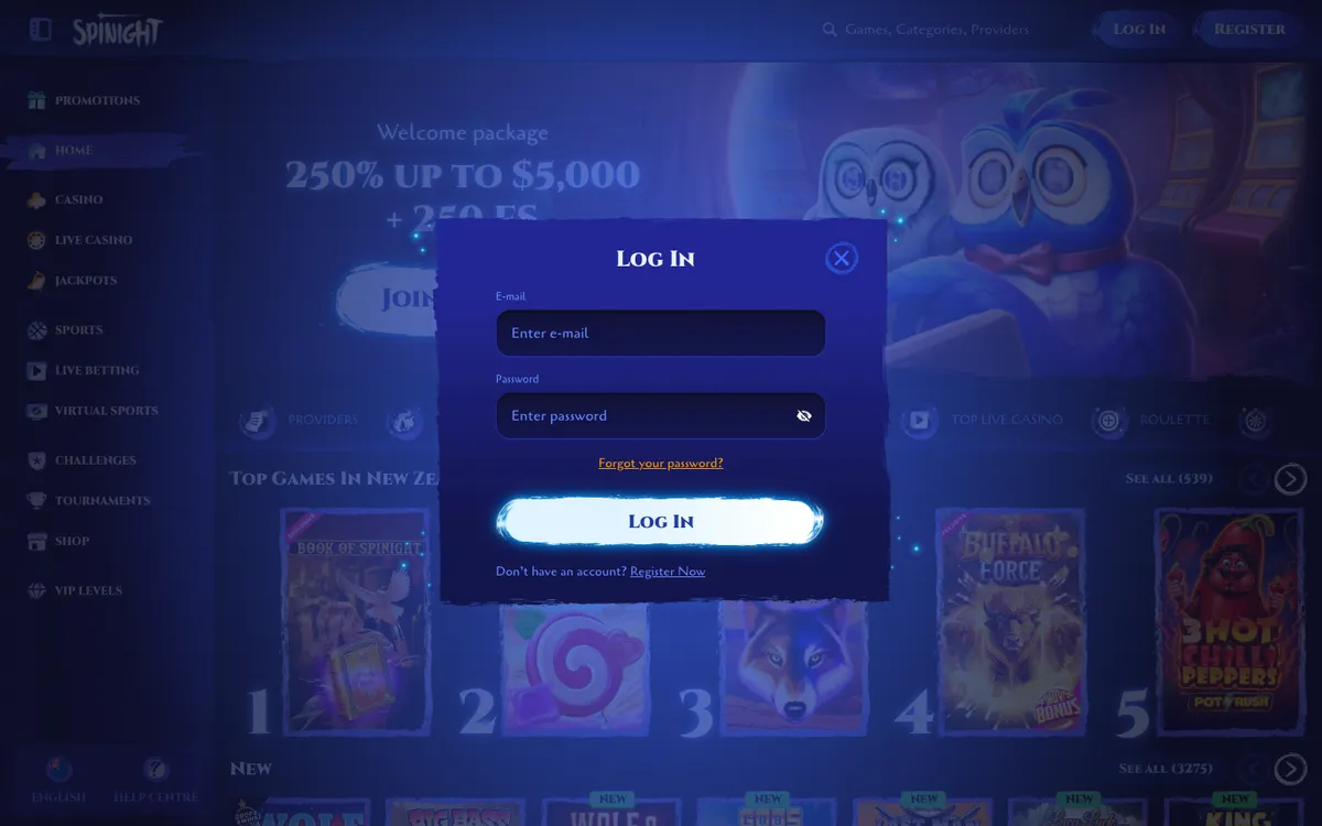 Spinight Casino — «Регистрация», снято из страны Новая Зеландия