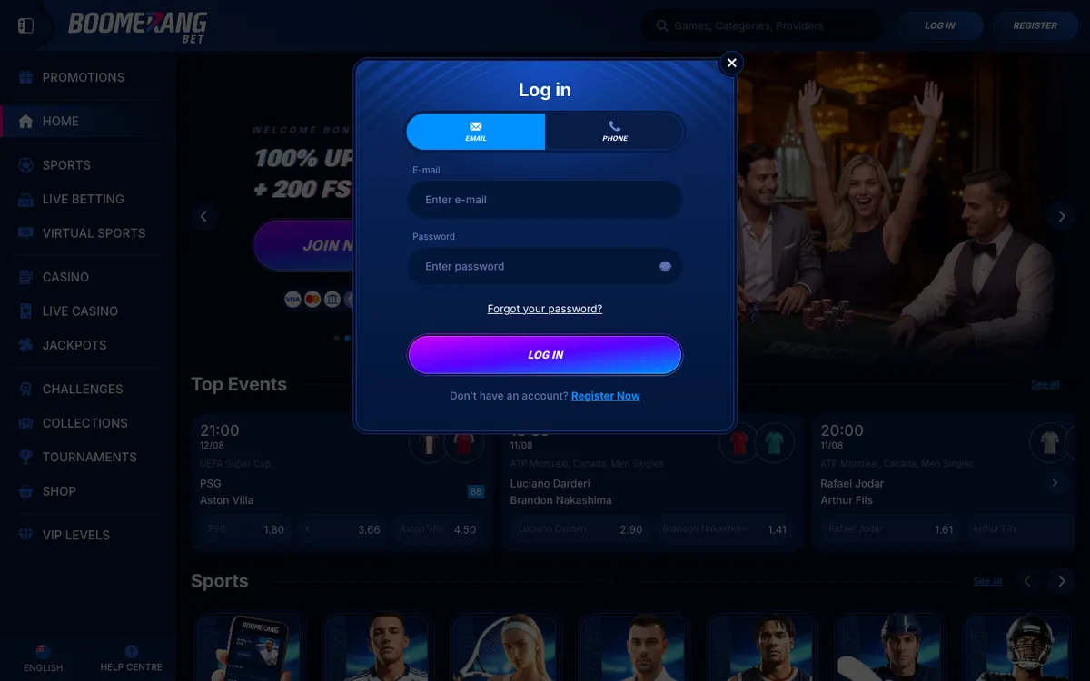 Boomerang-bet Casino — «Регистрация», снято из страны Новая Зеландия