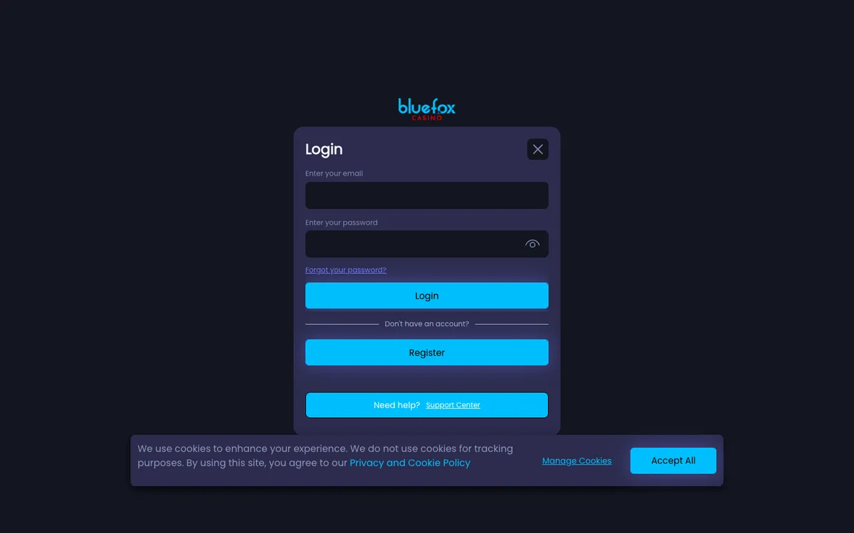 Bluefox Casino — «Регистрация», снято из страны Великобритания