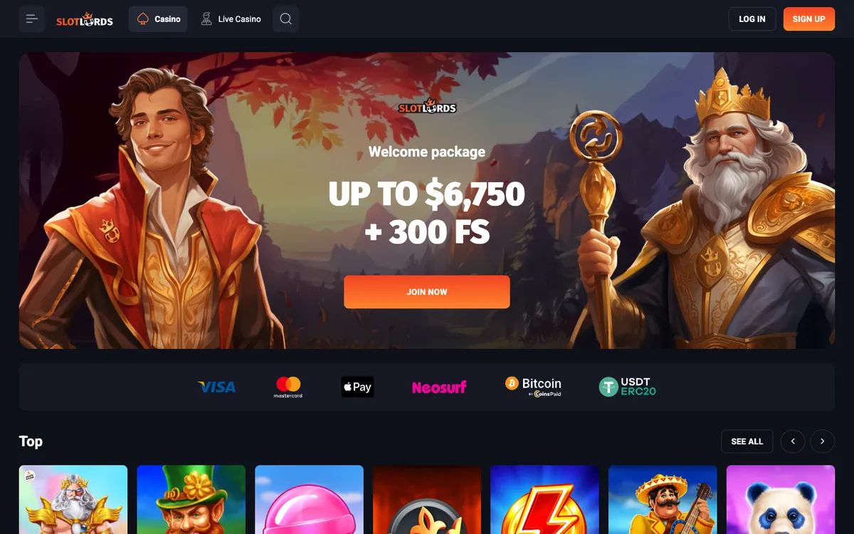SlotLords Casino — Home page, captured from New Zealand