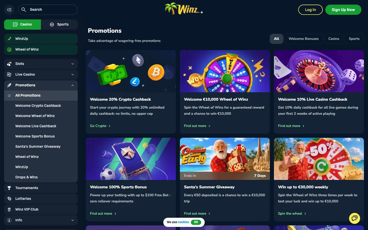 Winz.io Casino — Promotions, captured from Austria