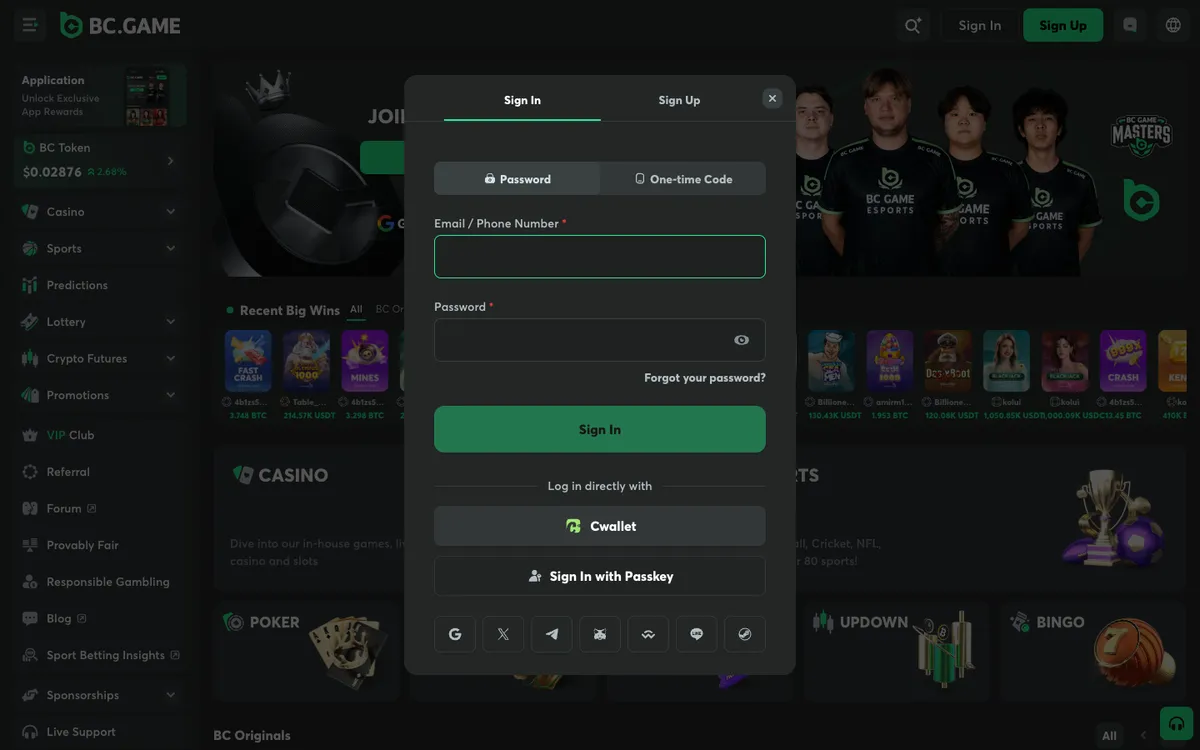 BC.Game Casino — Sign-up, captured from New Zealand
