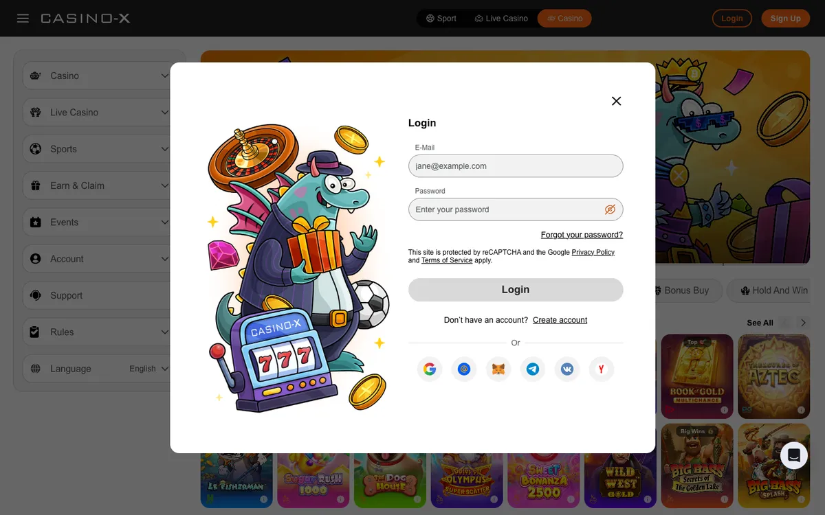 Casino X — Sign-up, captured from Canada