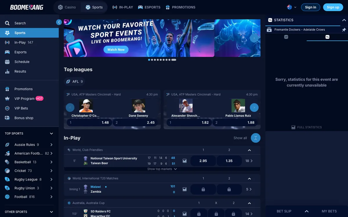 Boomerang-bet.io Casino — Home page, captured from Australia