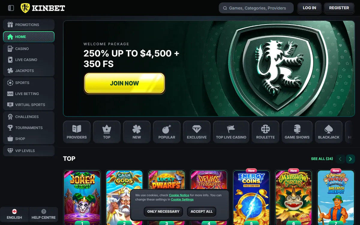 Kinbet Casino — Home page, captured from Canada