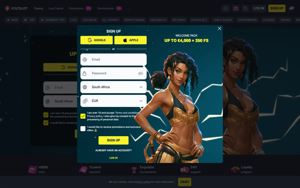 Voltslot Casino — Sign-up, captured from South Africa