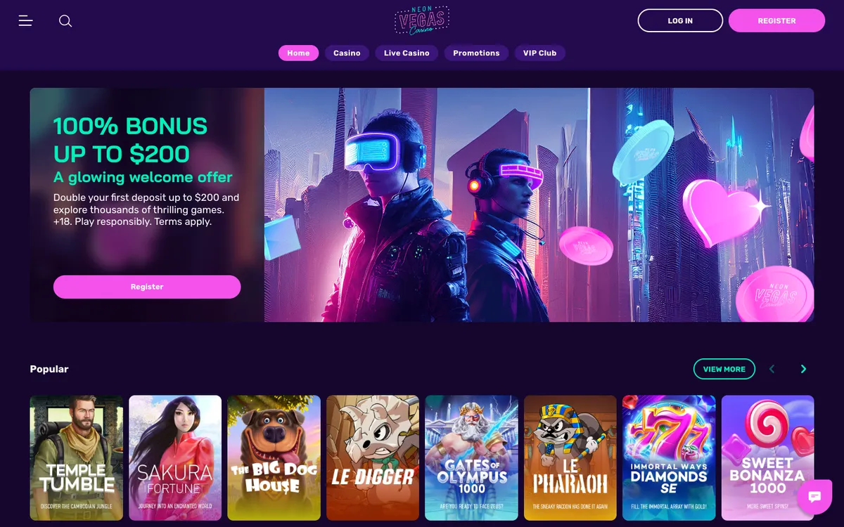 NeonVegas Casino — Home page, captured from Canada