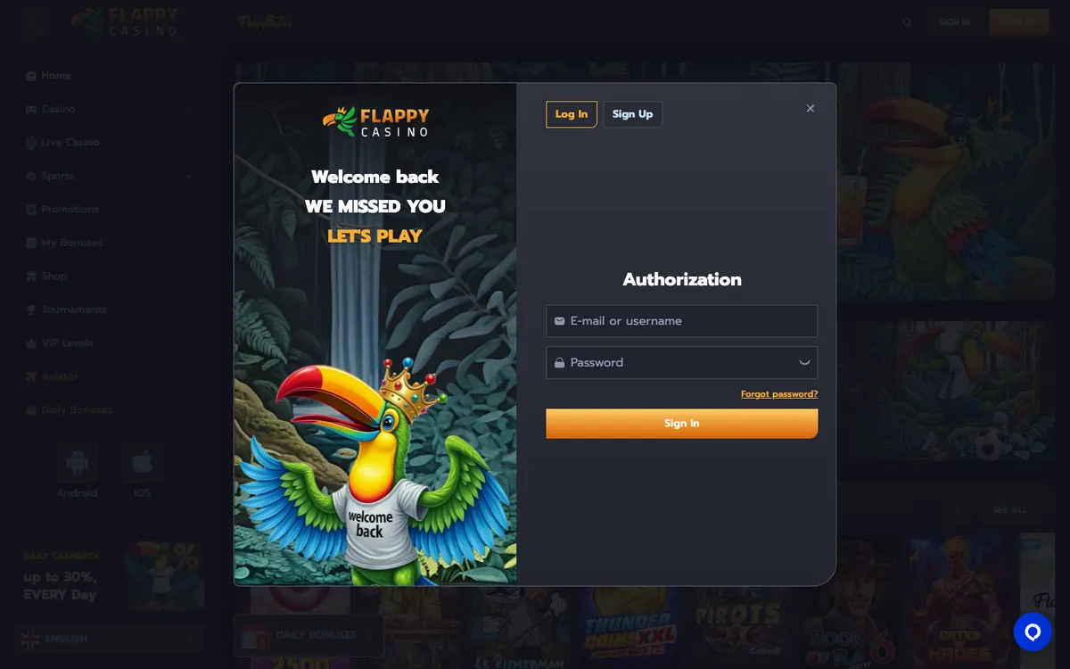 Flappy Casino — «Регистрация», снято из страны Финляндия
