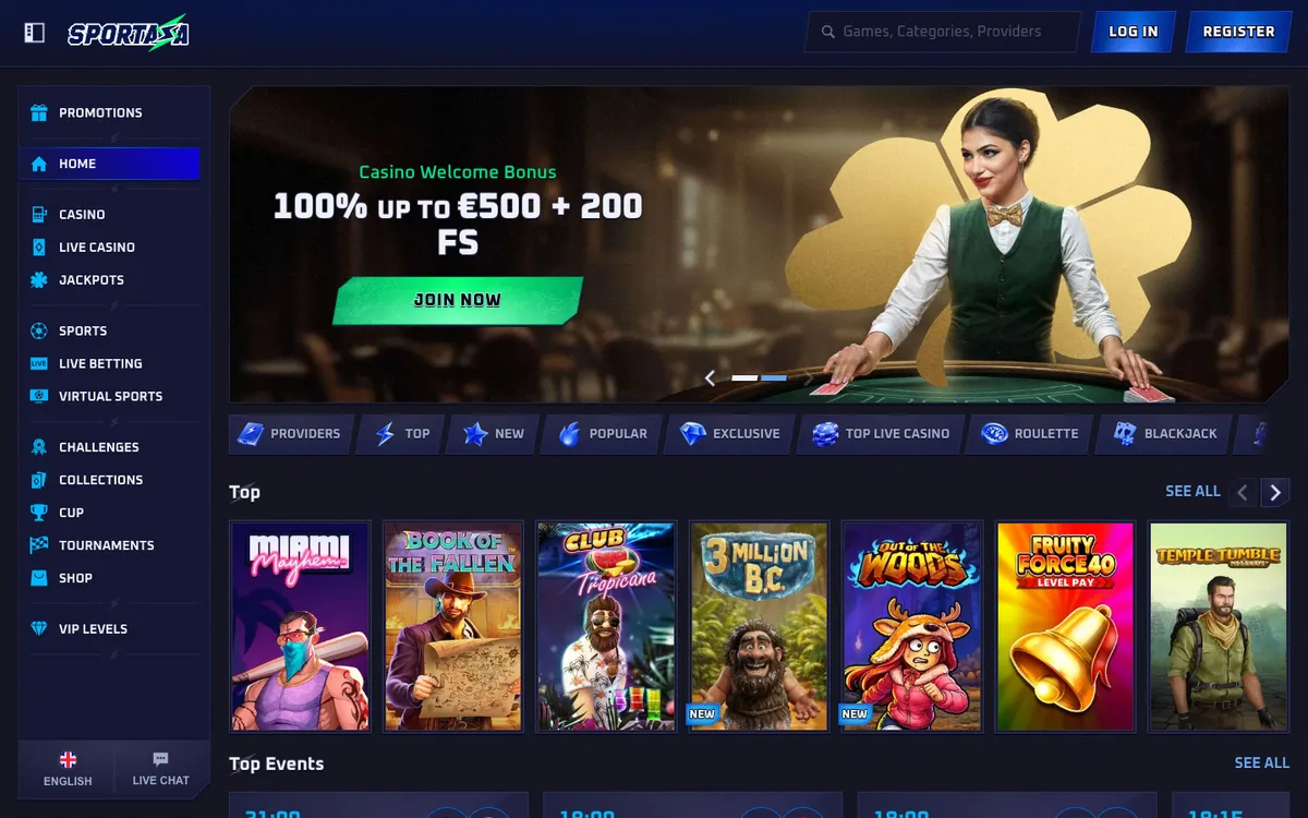 Sportaza Casino — Home page, captured from Chile