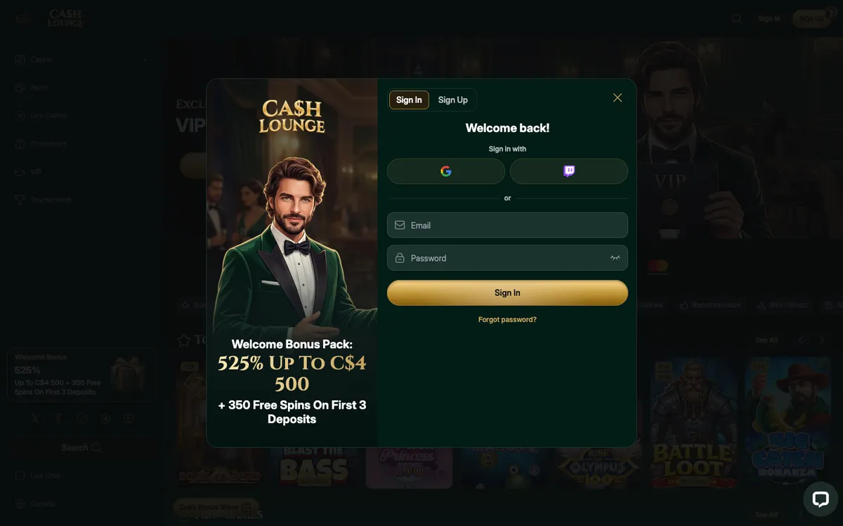 Cash Lounge Casino — Sign-up, captured from Canada