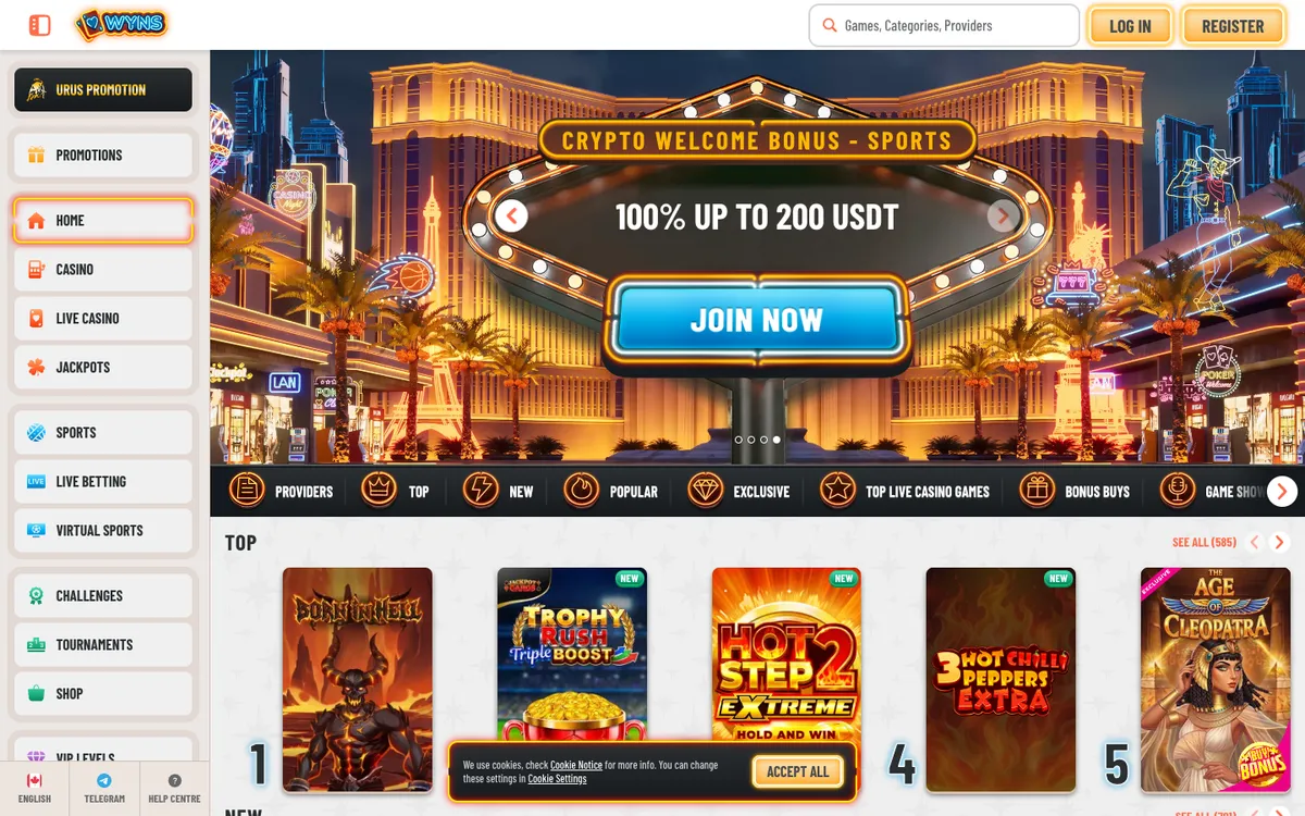 Wyns Casino — Home page, captured from Canada