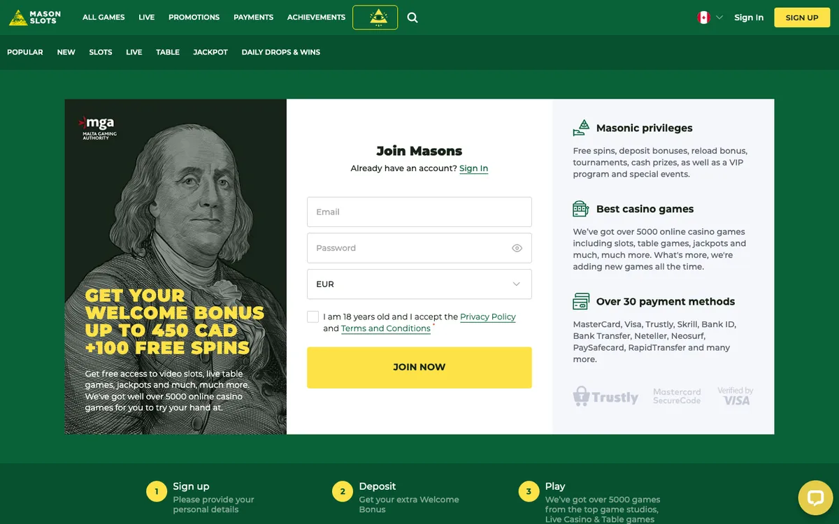 Mason Slots Casino — Home page, captured from Canada