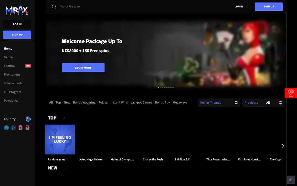 Mirax Casino — Home page, captured from New Zealand