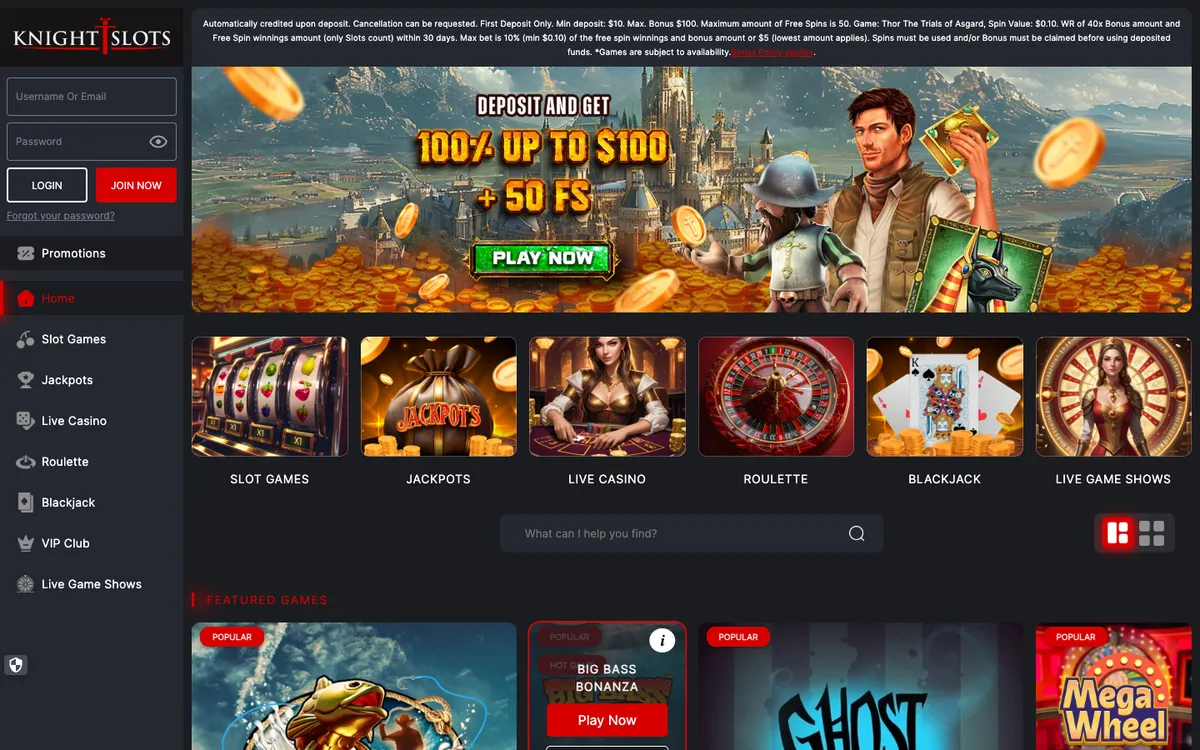 Knightslots Casino — Home page, captured from Canada