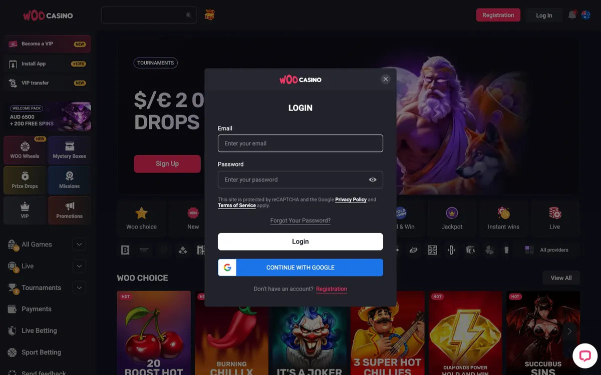Woocasino — Sign-up, captured from Australia