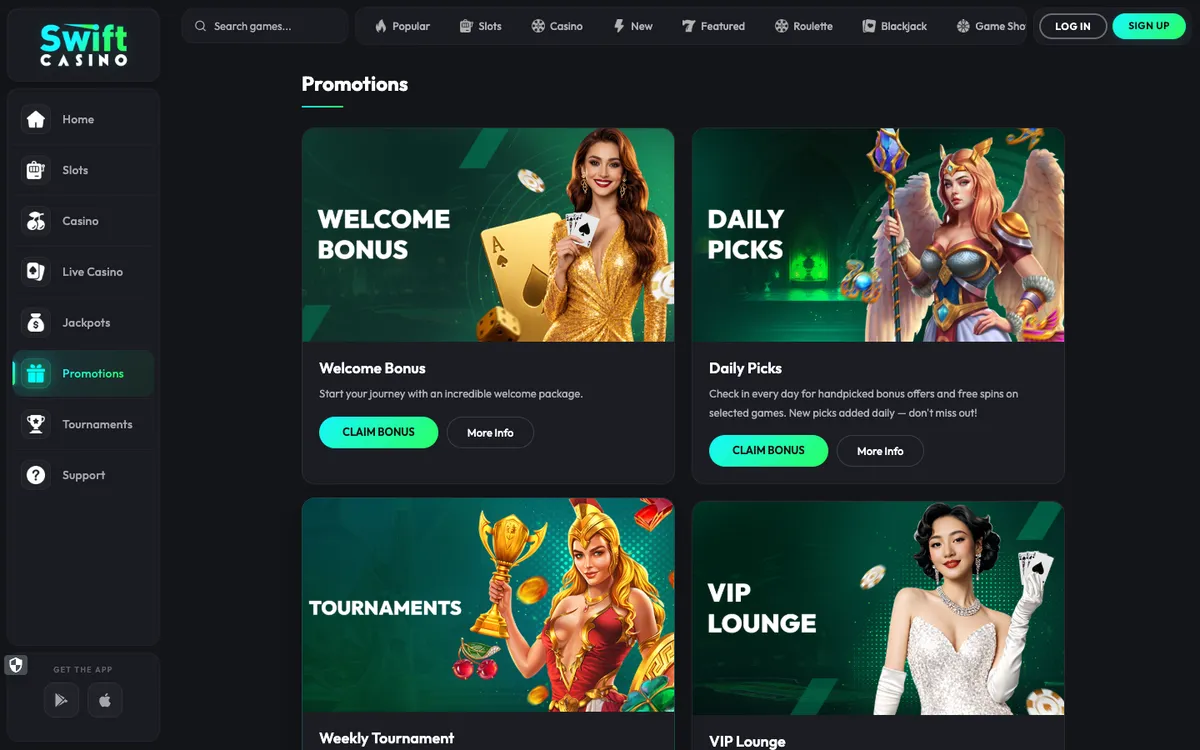 Swift Casino — Promotions, captured from United Kingdom