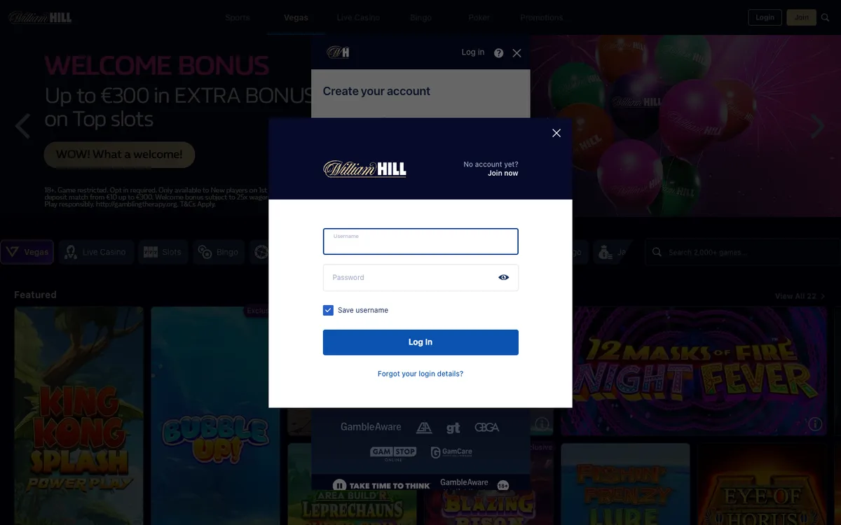 William Hill Vegas — Sign-up, captured from Slovenia