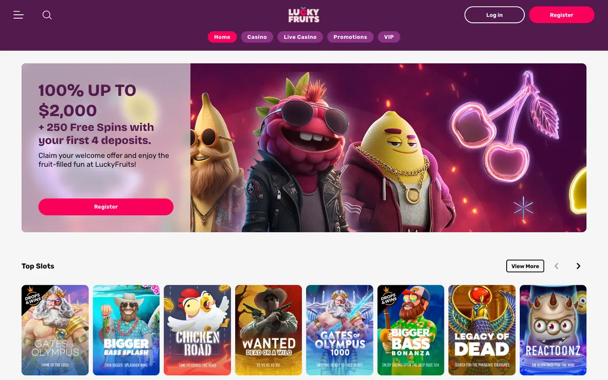 LuckyFruits Casino — Home page, captured from New Zealand