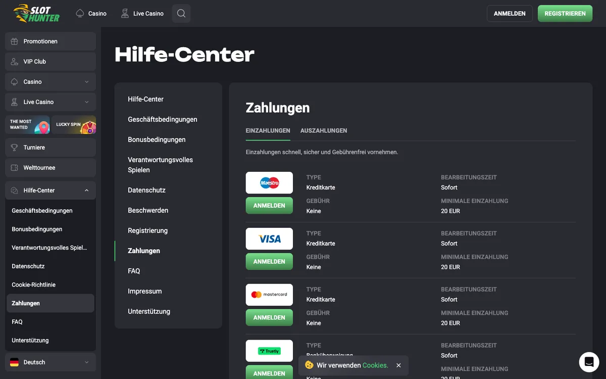 Slot Hunter Casino — Payments, captured from Austria