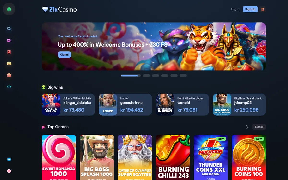 21kCasino — Home page, captured from Norway
