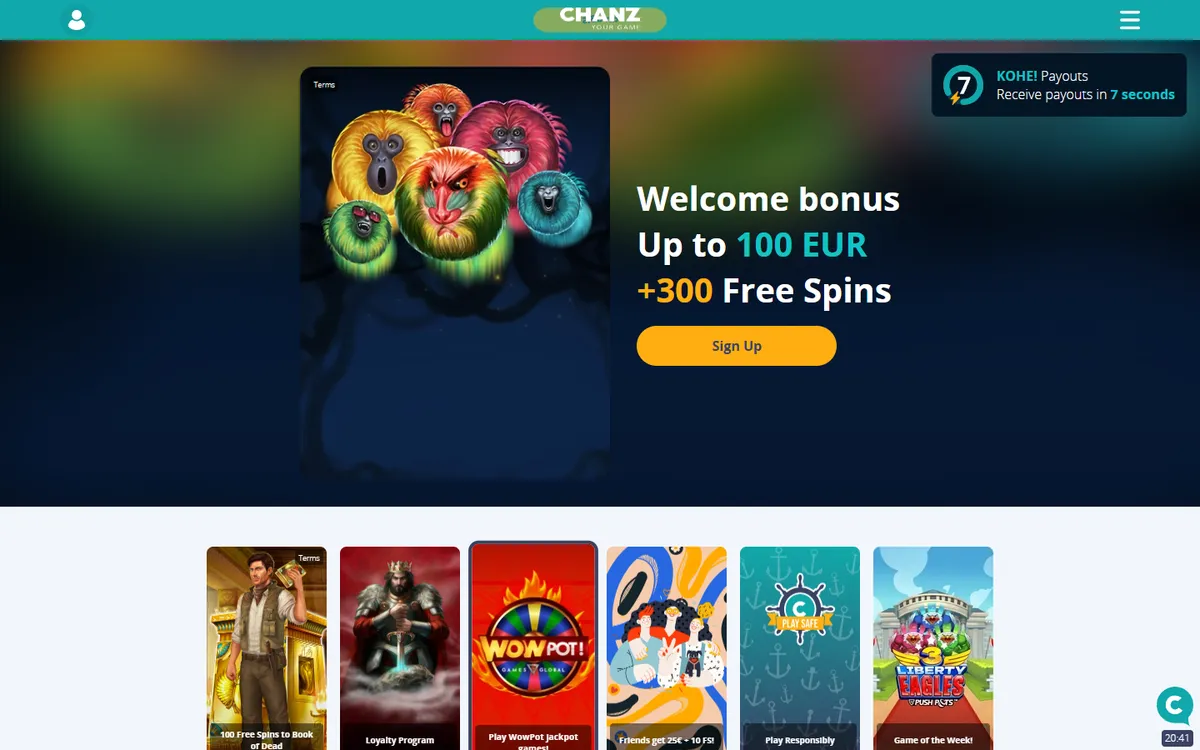 Chanz Casino — Home page, captured from Canada