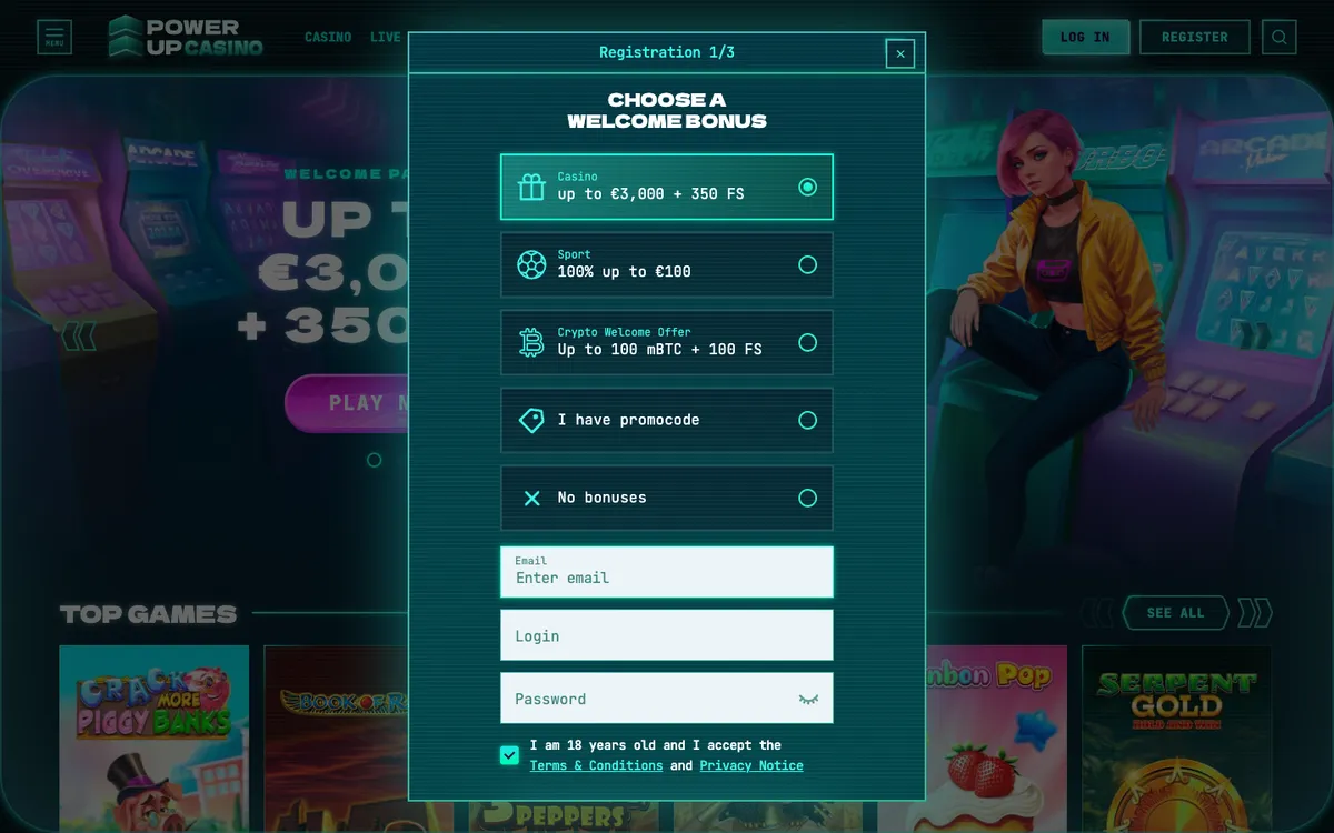 PowerUp Casino — Sign-up, captured from South Africa