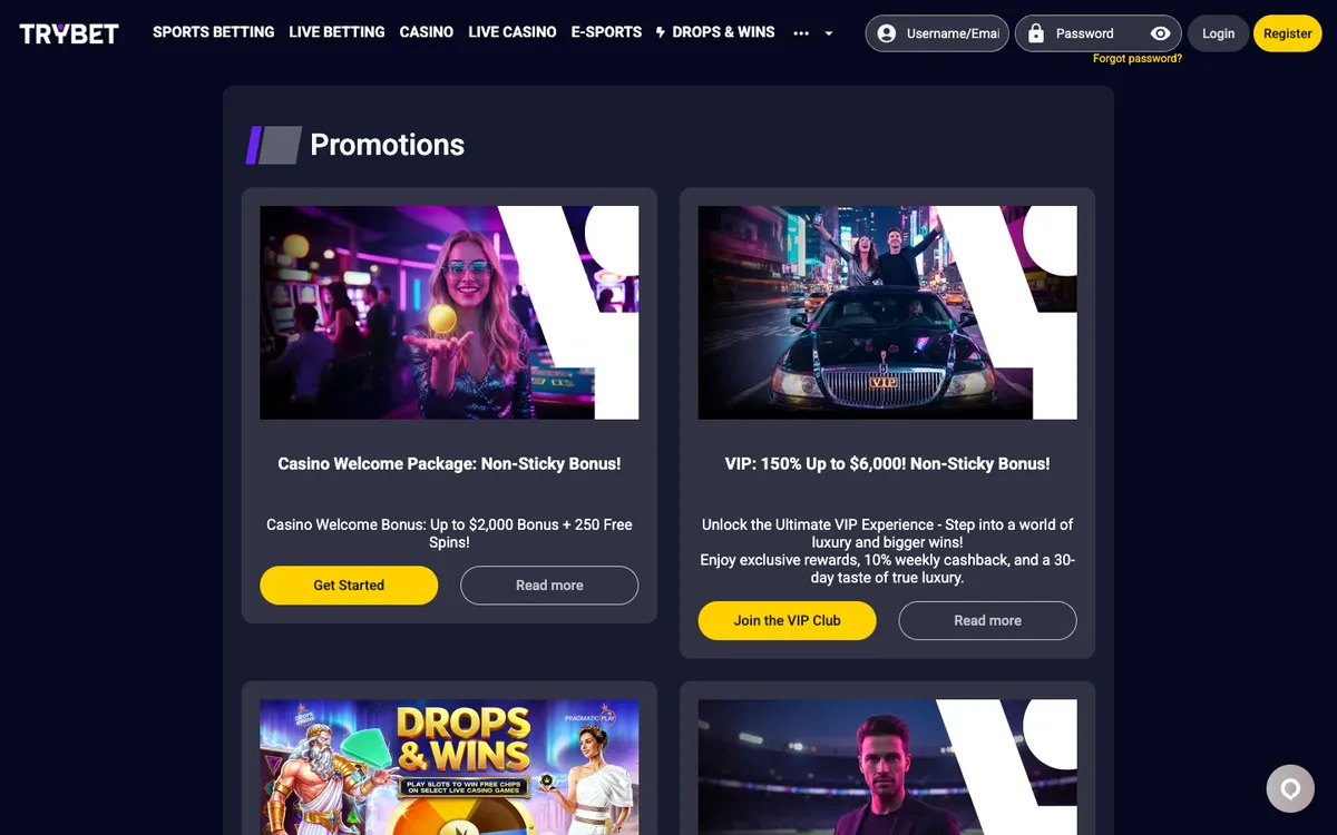 Trybet Casino — Promotions, captured from Canada