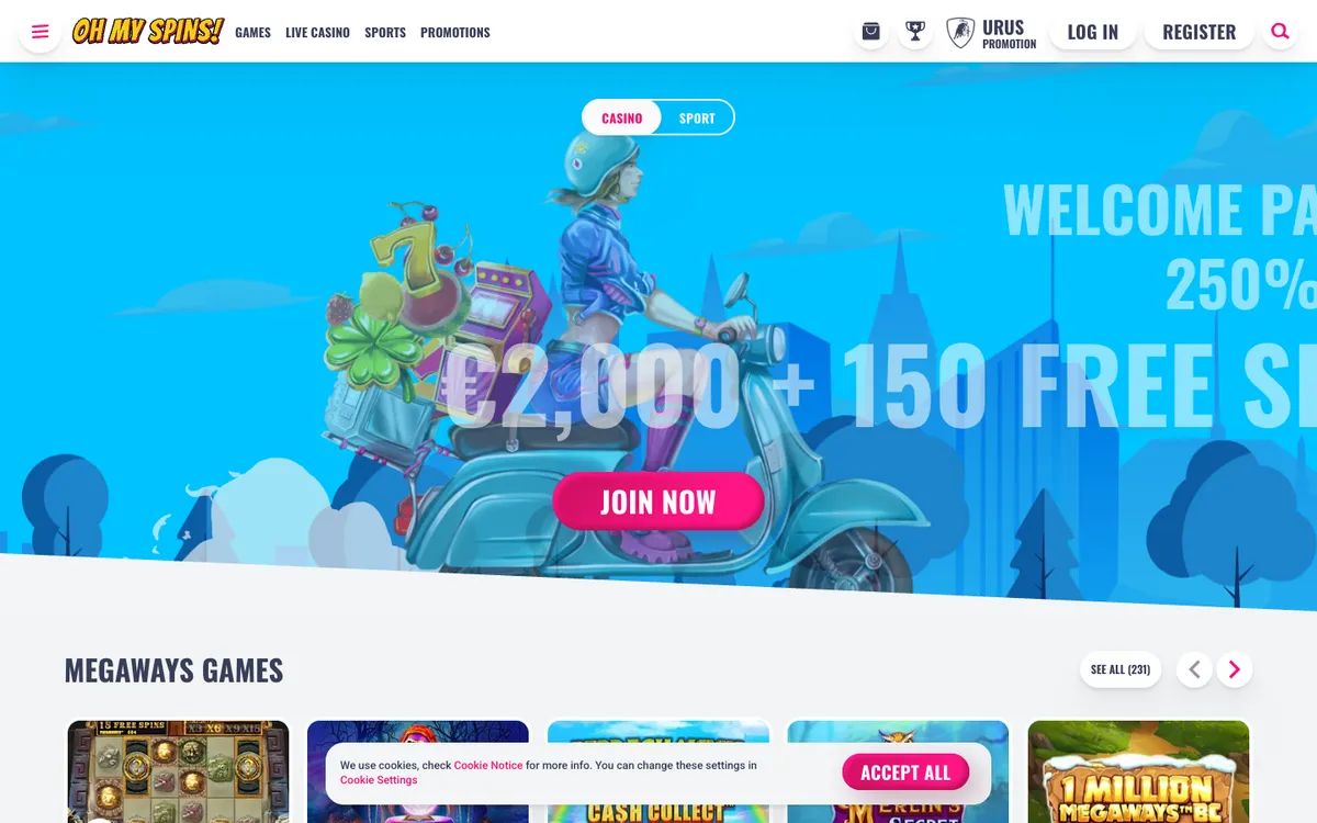 OhMySpins Casino — Home page, captured from New Zealand