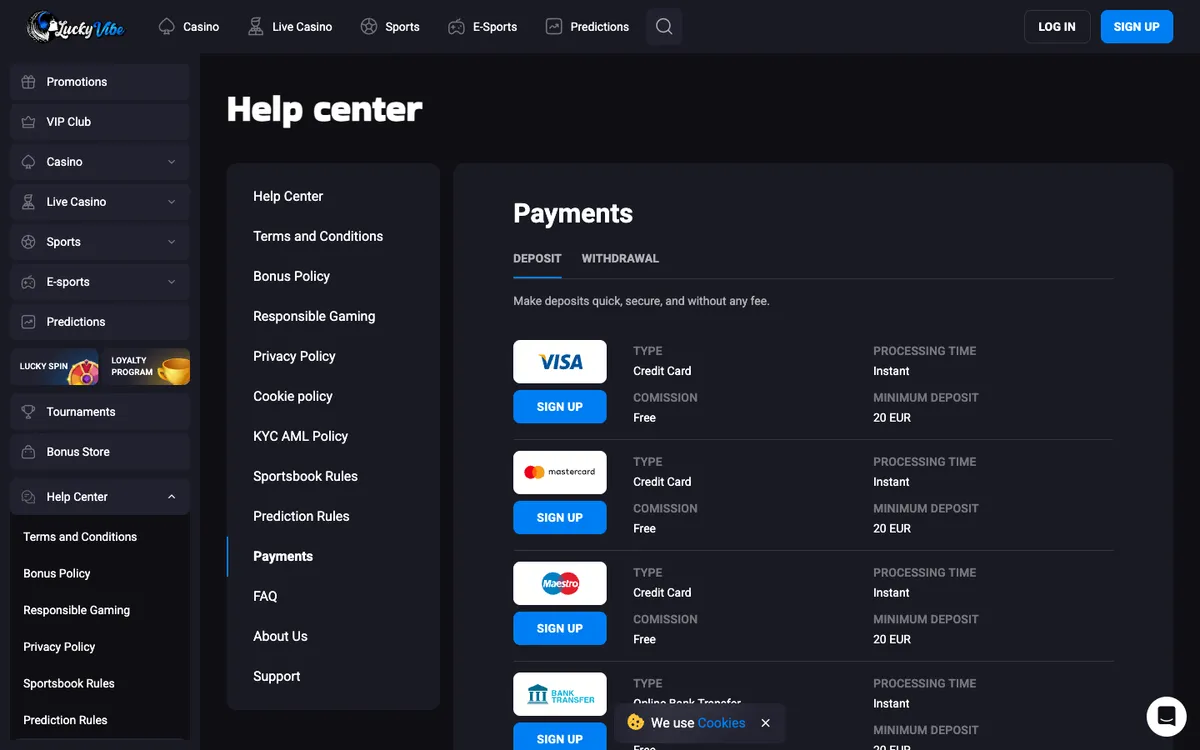 Lucky Vibe Casino — «Платежи», снято из страны Южно-Африканская Республика