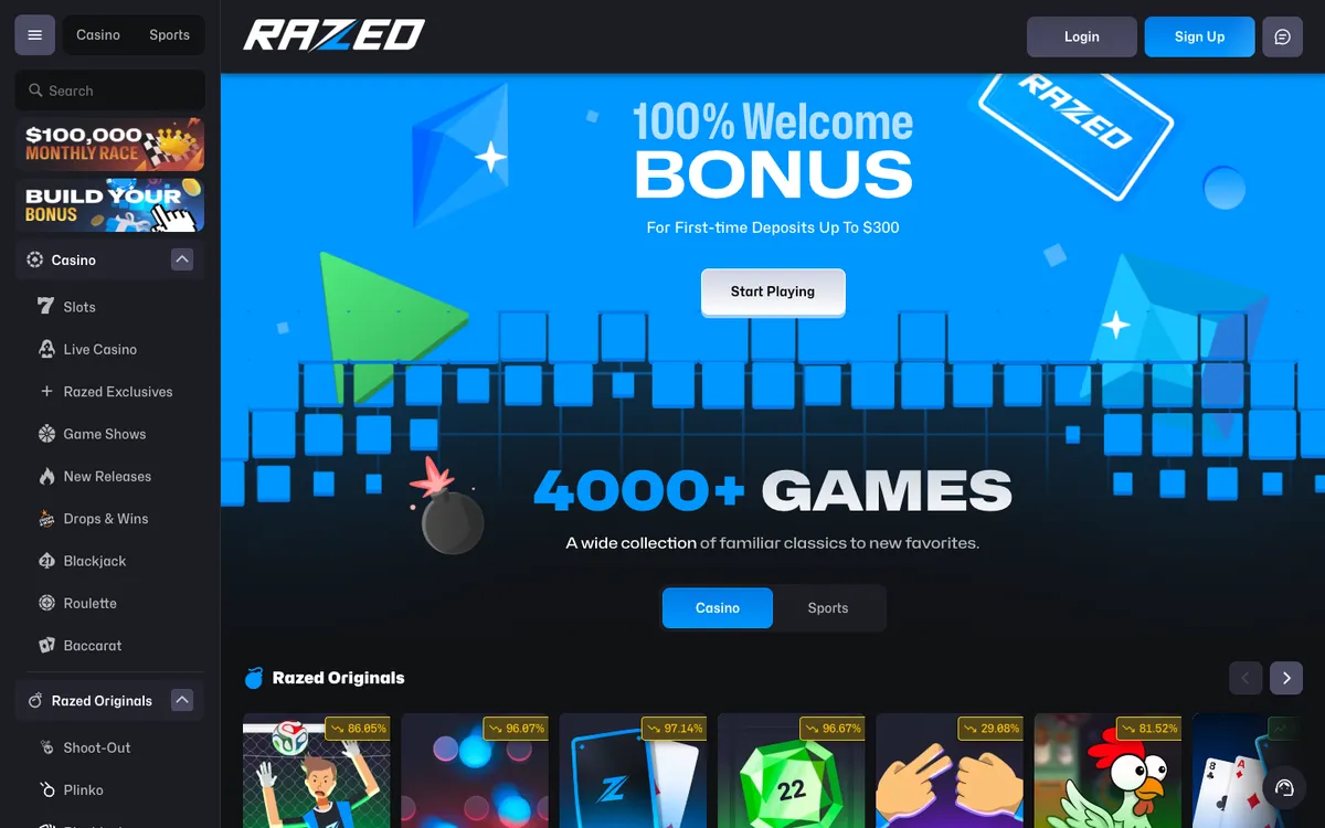 Razed Casino — Home page, captured from New Zealand
