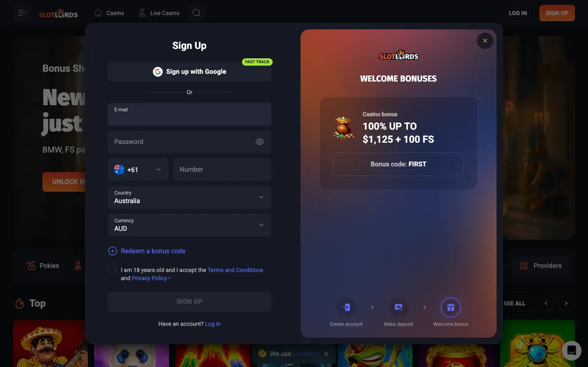 SlotLords Casino — Sign-up, captured from Australia