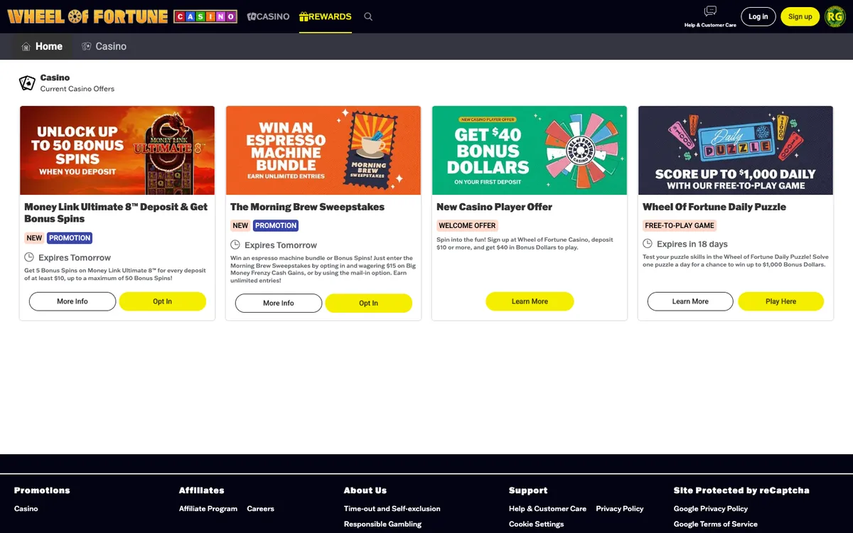 Wheel of Fortune Casino USA — Promotions, captured from United States