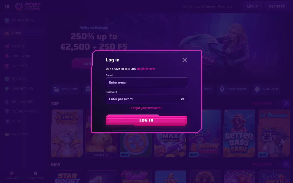 Roby Casino — «Регистрация», снято из страны Новая Зеландия