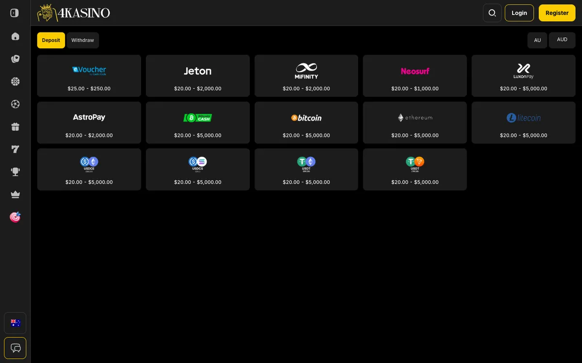 4Kasino Casino — Payments, captured from Australia