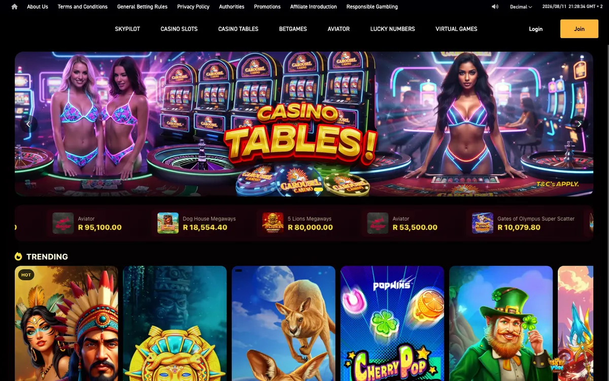 Carousel Casino — Home page, captured from South Africa