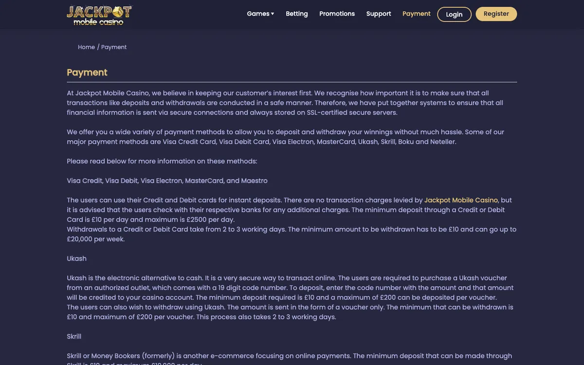 Jackpot Mobile Casino — Payments, captured from United Kingdom