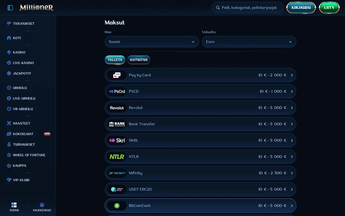 Millioner Casino — «Платежи», снято из страны Финляндия
