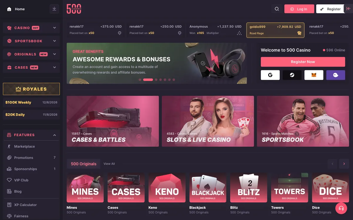 500 Casino — Home page, captured from New Zealand