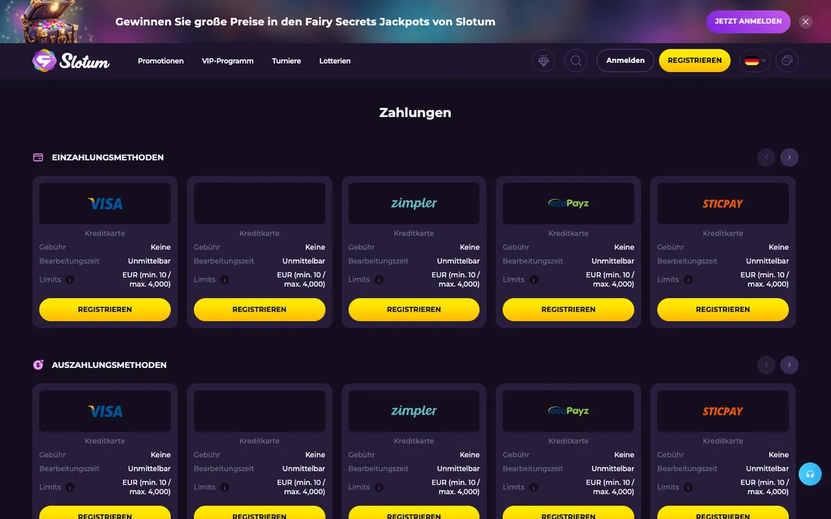 Slotum Casino — Payments, captured from Austria
