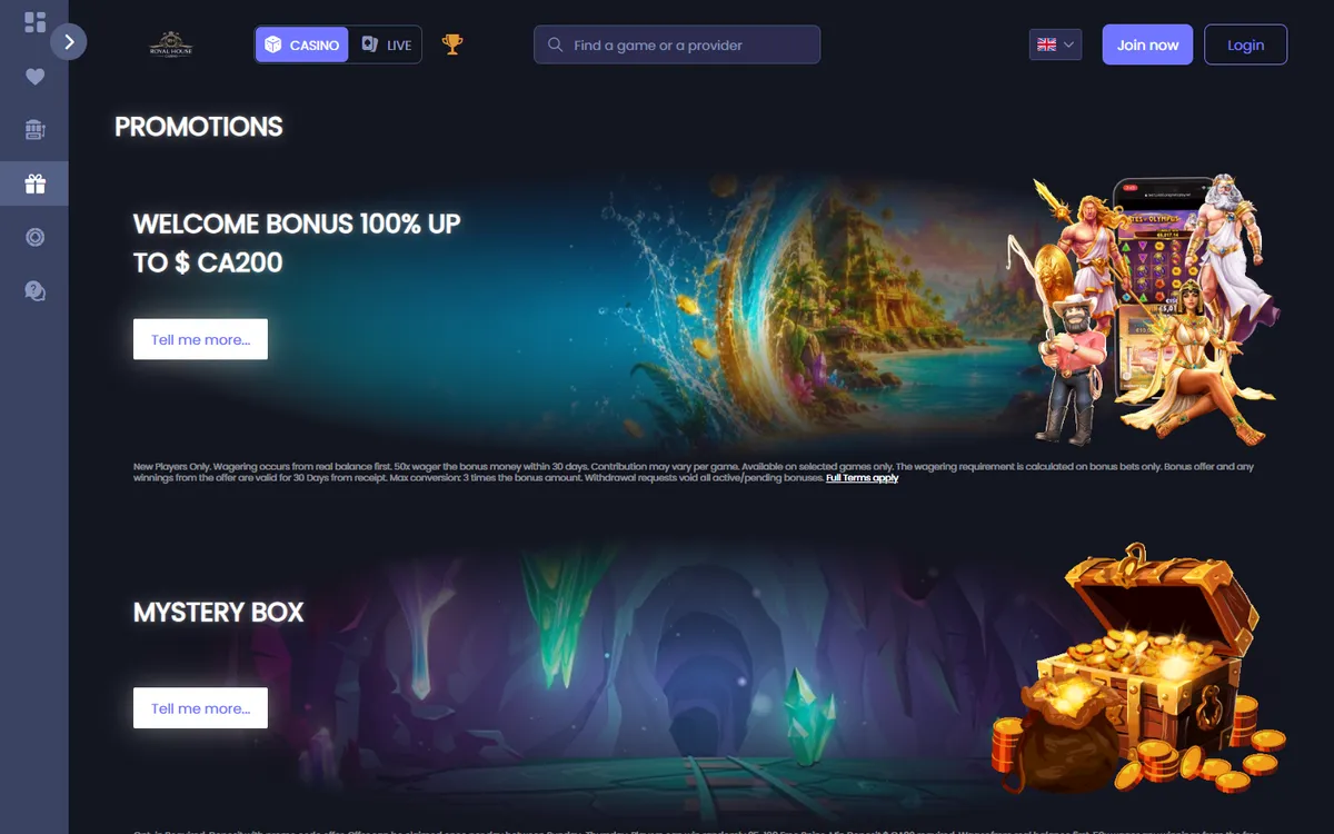 Royal House Casino — «Акции», снято из страны Канада